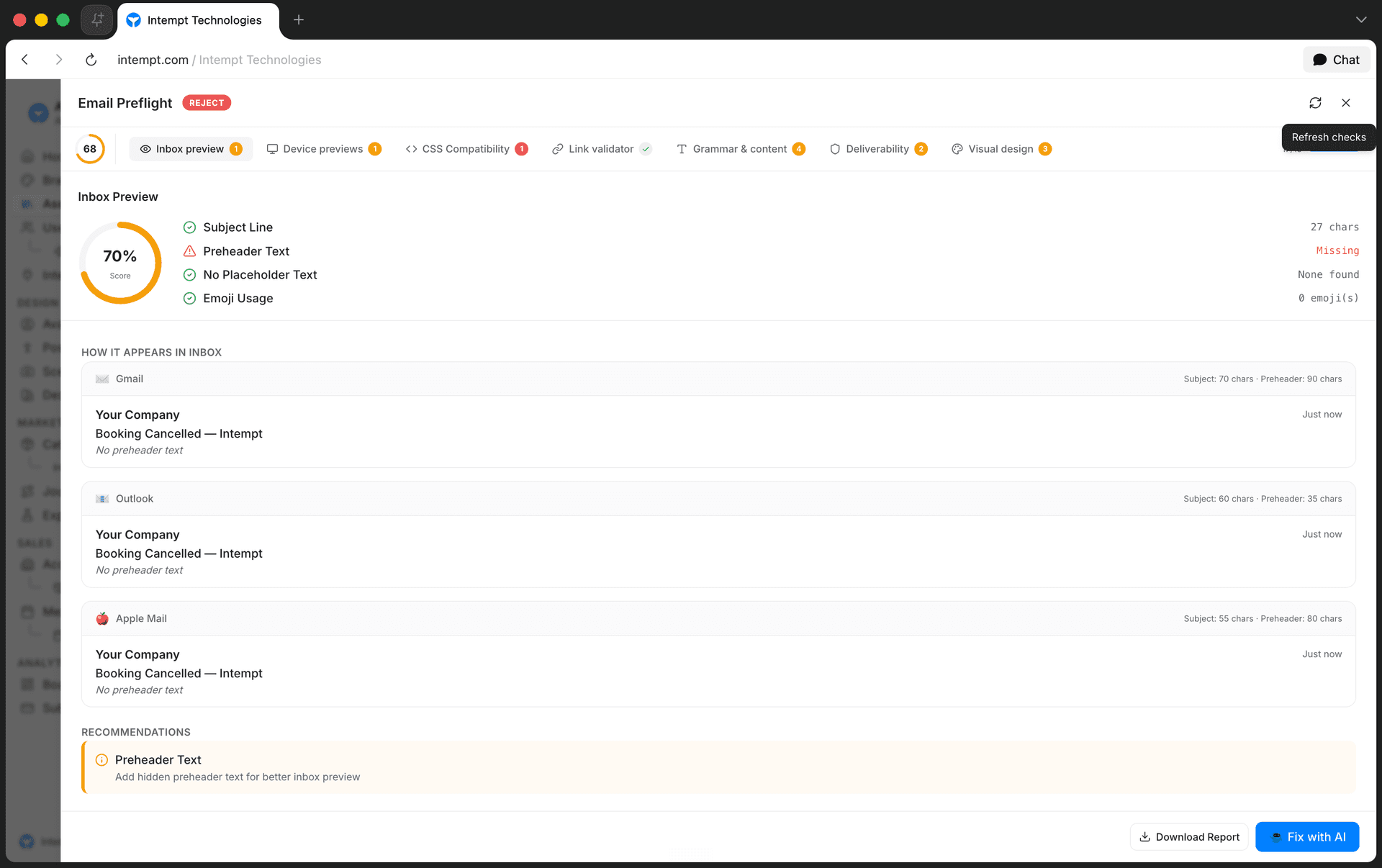 email preflight reject badge fix with ai - blu in content builder and creative studio - Intempt documentation