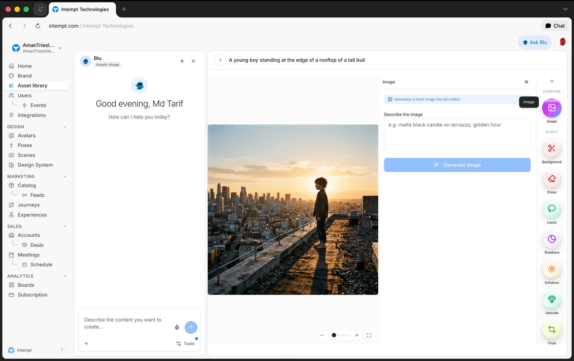 image studio canvas tool rail image prompt panel - blu in content builder and creative studio - Intempt documentation