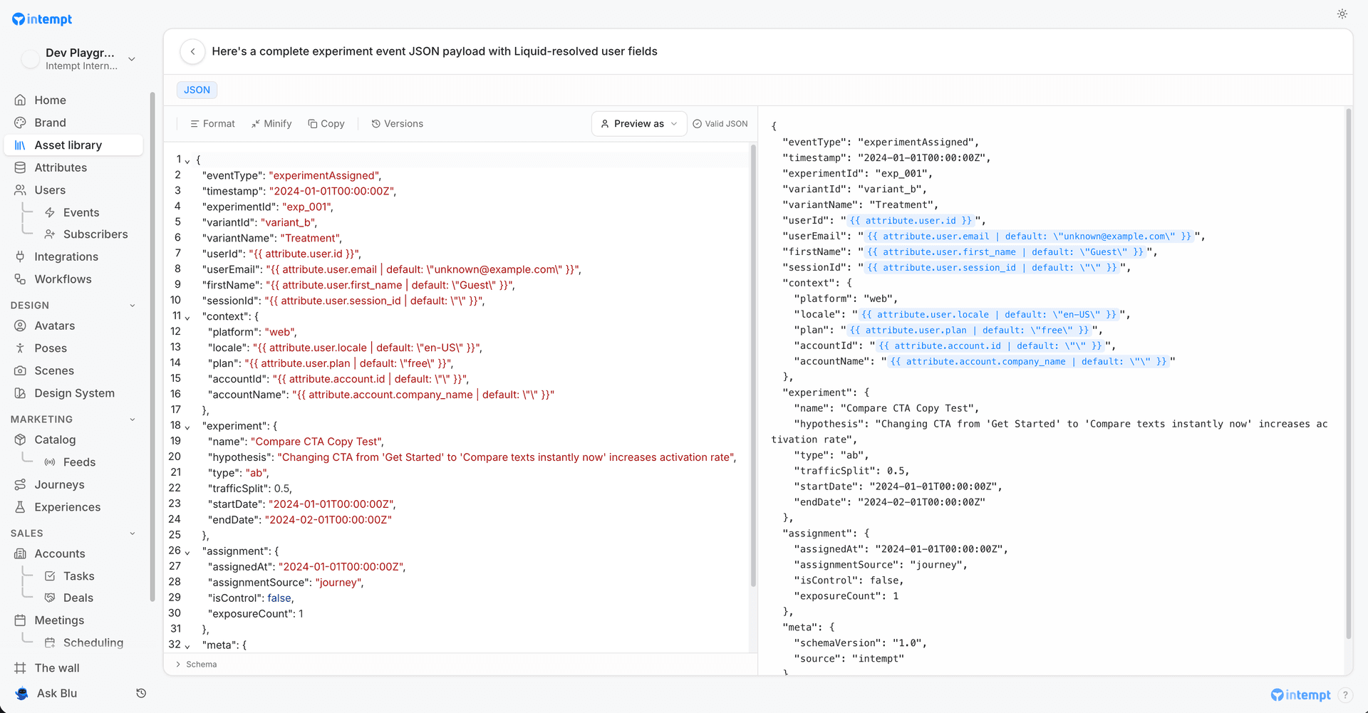 json editor format minify valid badge preview - blu in content builder and creative studio - Intempt documentation
