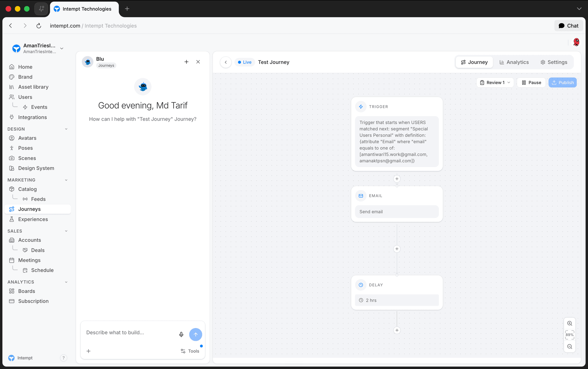 journey detail blu chat scoped welcome - blu in journeys - Intempt documentation