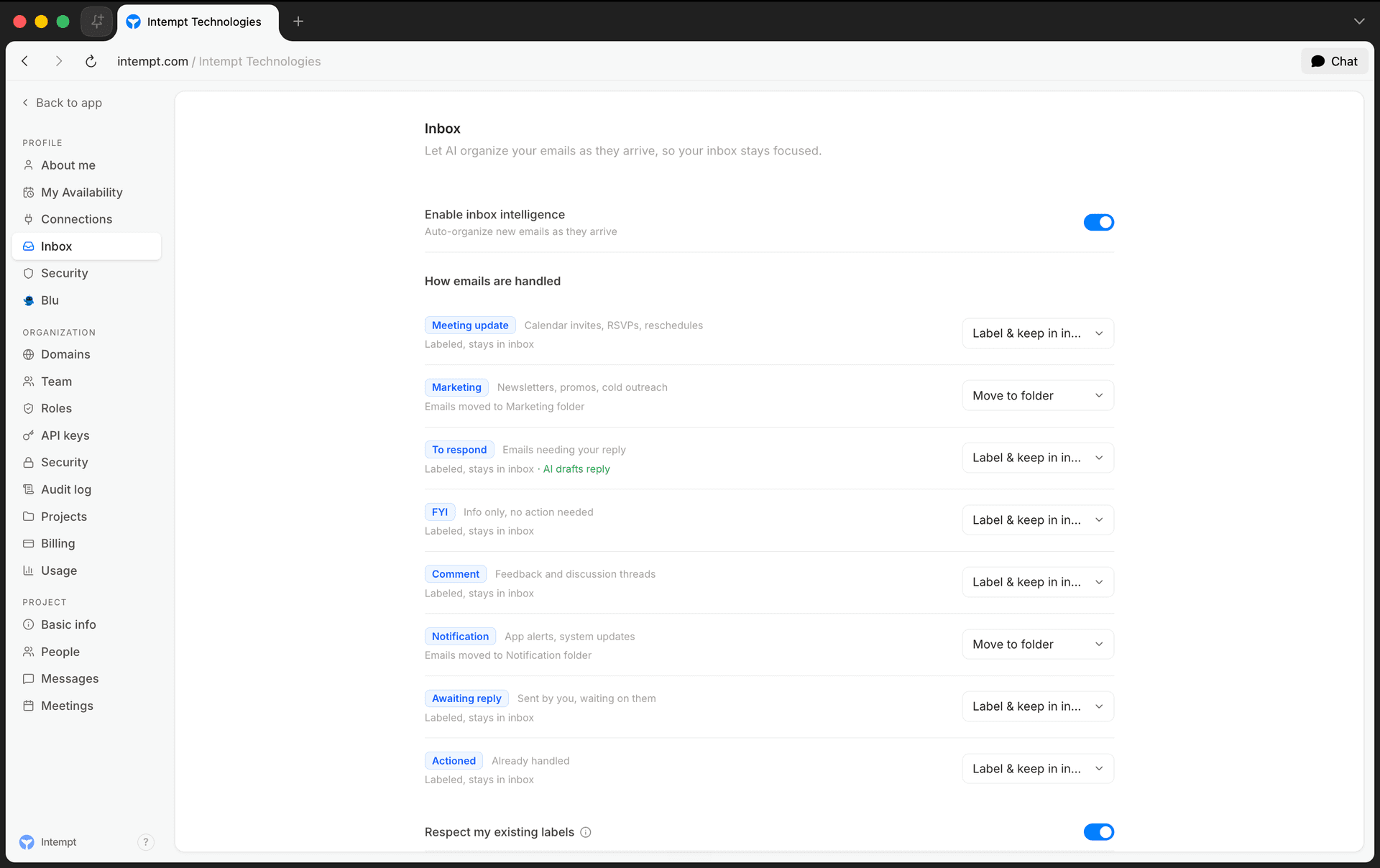inbox settings category action rows - email drafting and reply generation with blu - Intempt documentation