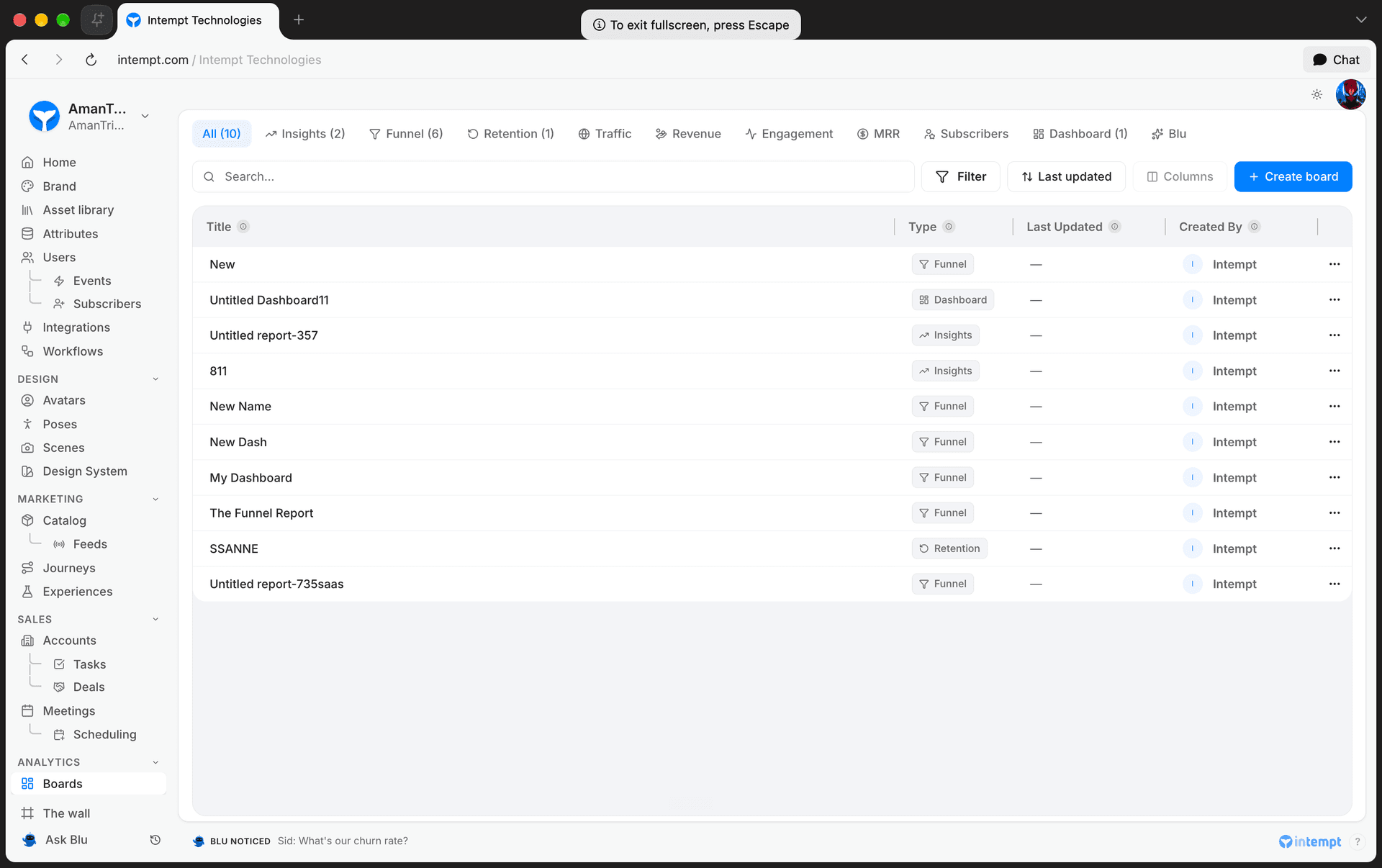 analytics boards list 5 oct 2026 - analytics overview - Intempt documentation
