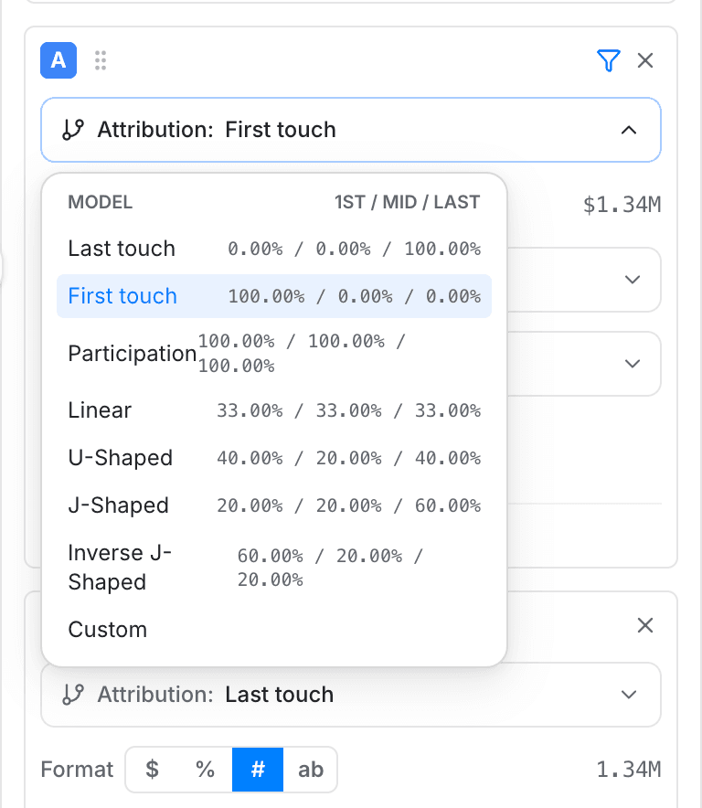 attribution model dropdown percentage splits - attribution - Intempt documentation