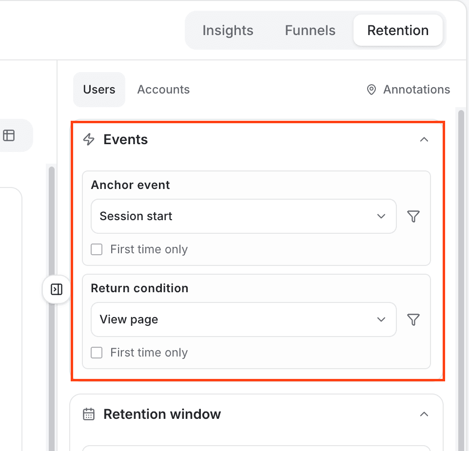 anchor event return condition panel - creating a retention report - Intempt documentation