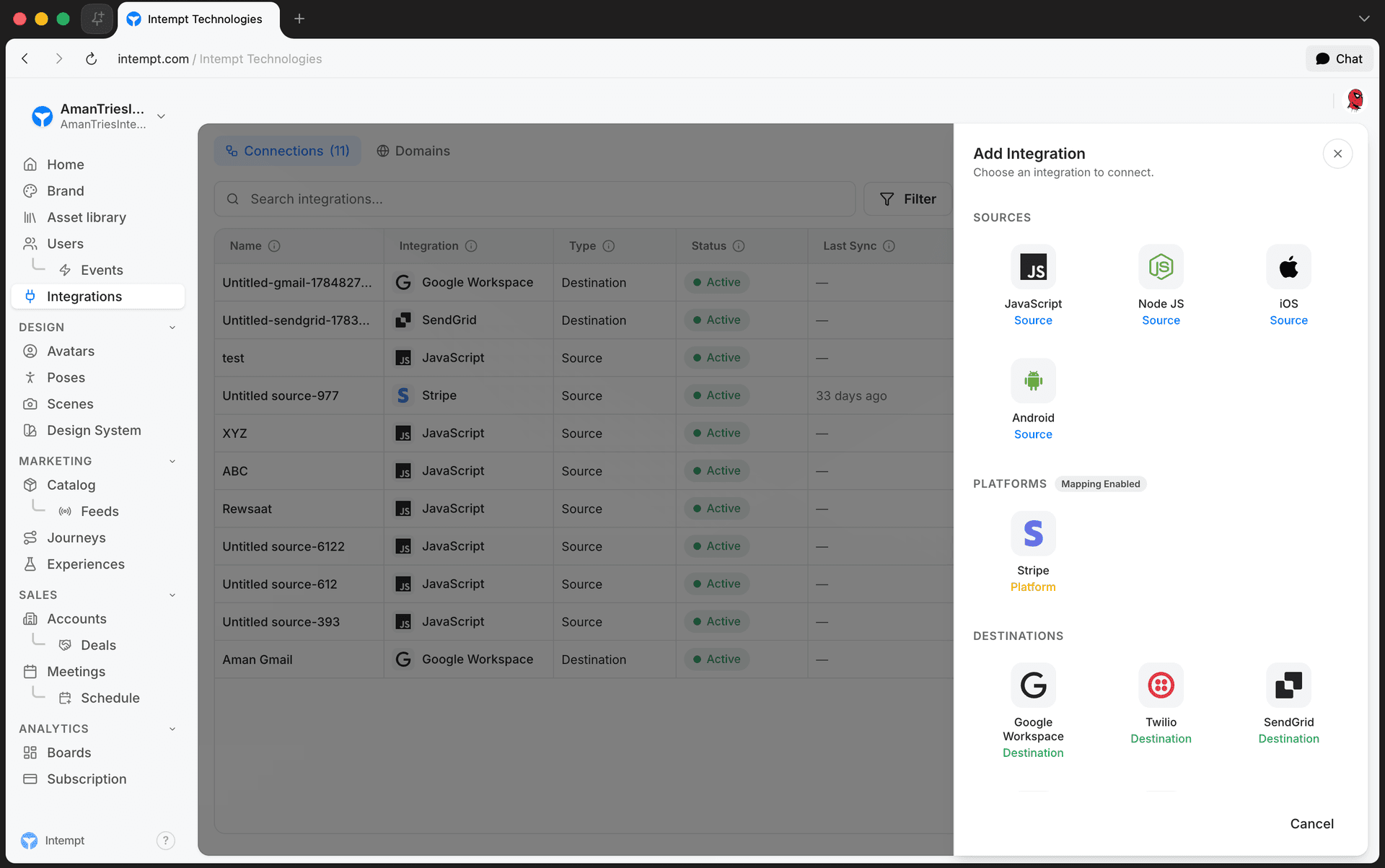 add integration sidebar sources section - sources - Intempt documentation