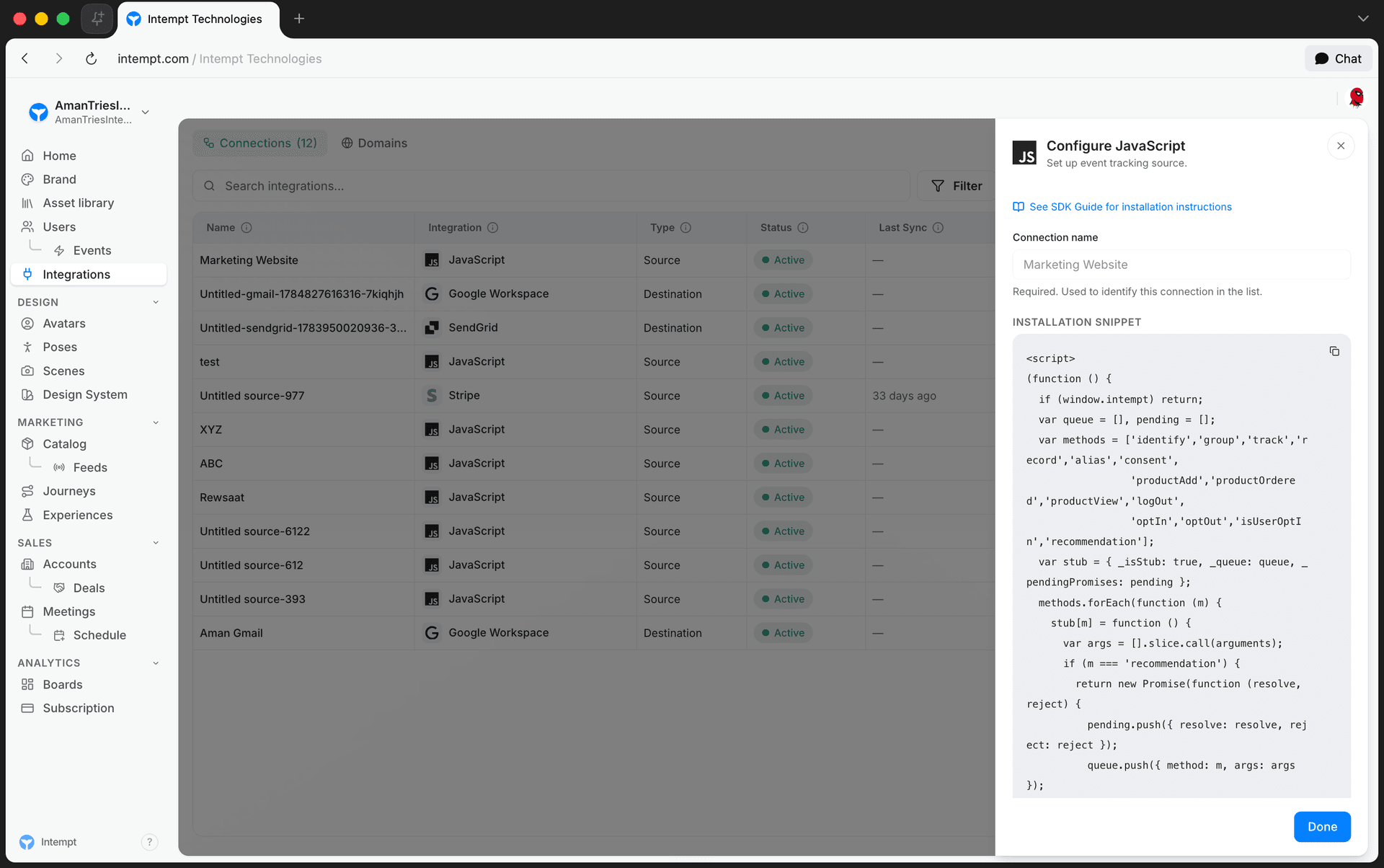 configure javascript panel installation snippet - sources - Intempt documentation