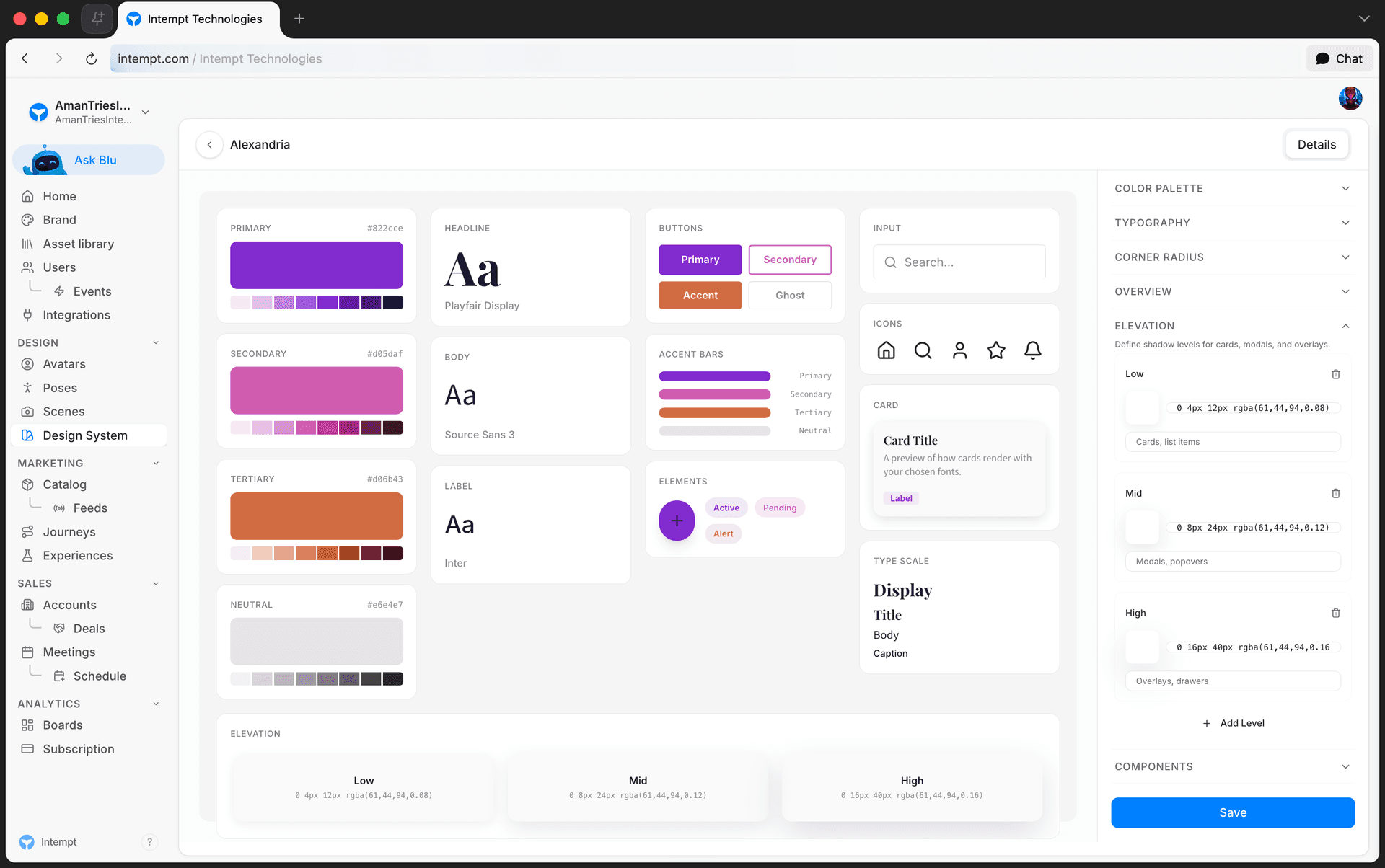 elevation shadow levels - setting up a design system - Intempt documentation