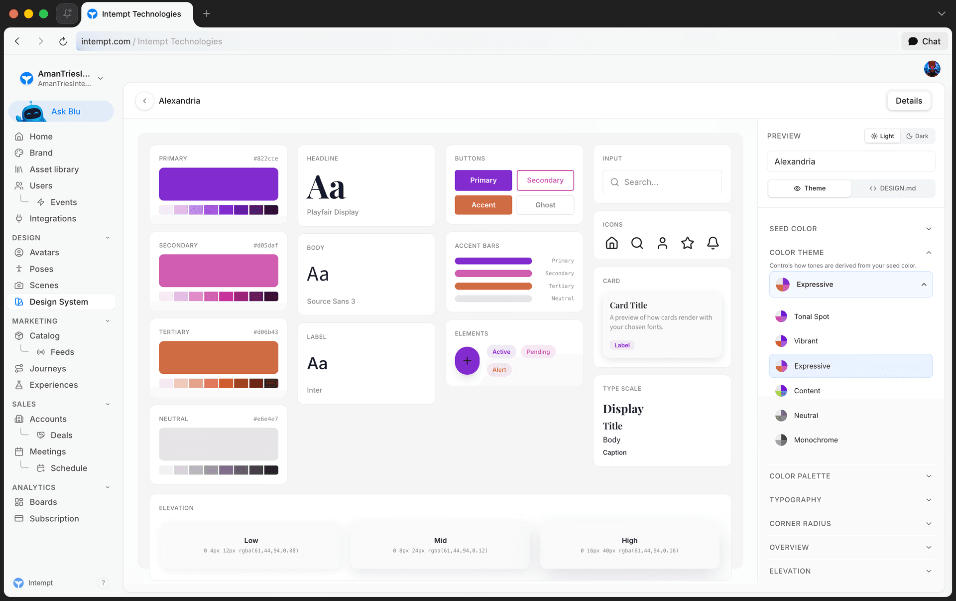 seed color color theme dropdown open - setting up a design system - Intempt documentation