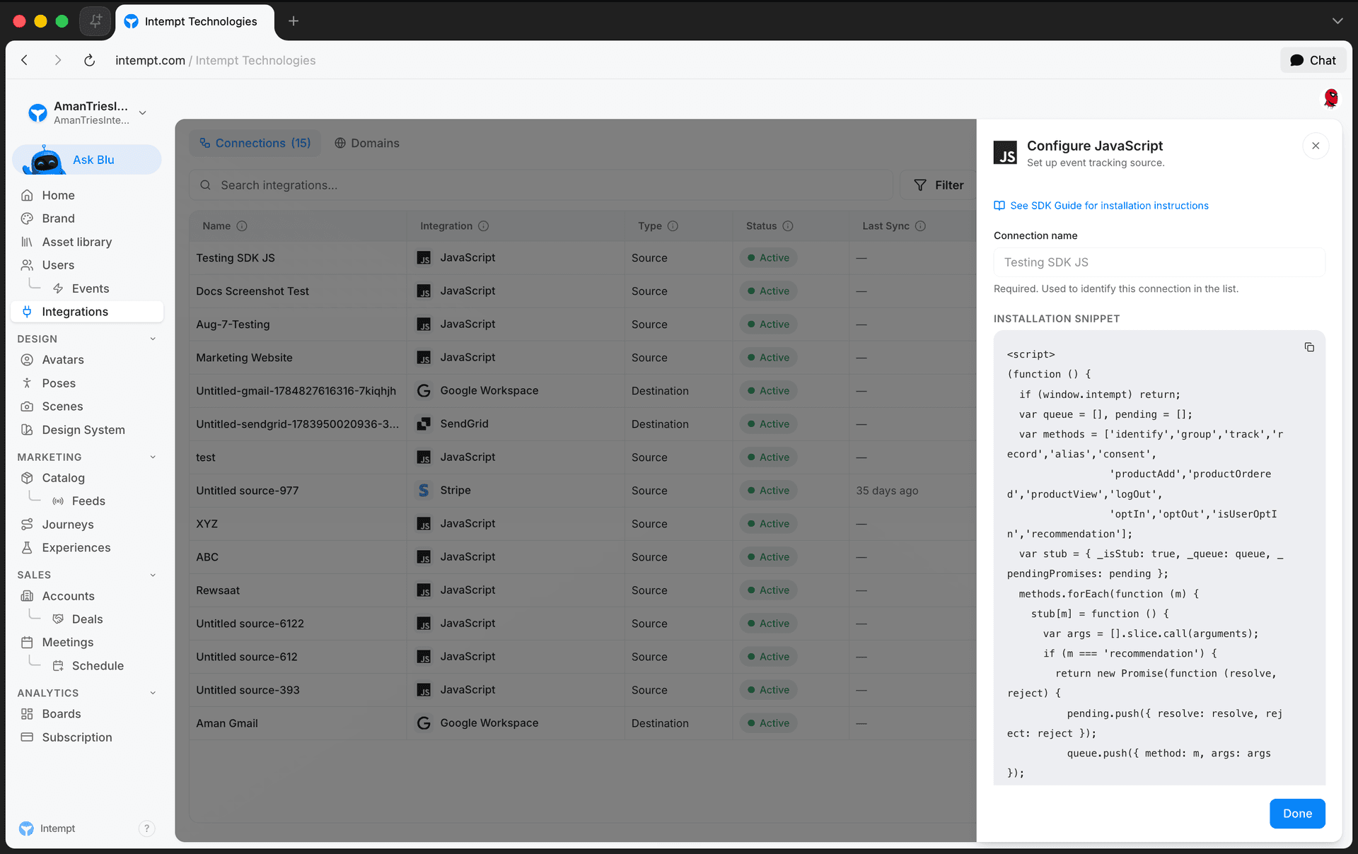 configure javascript panel connection name snippet - basic intempt installation - Intempt documentation