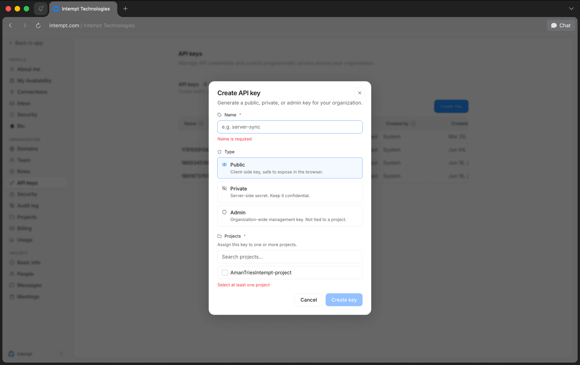 settings api keys tab create api key panel - basic intempt installation - Intempt documentation