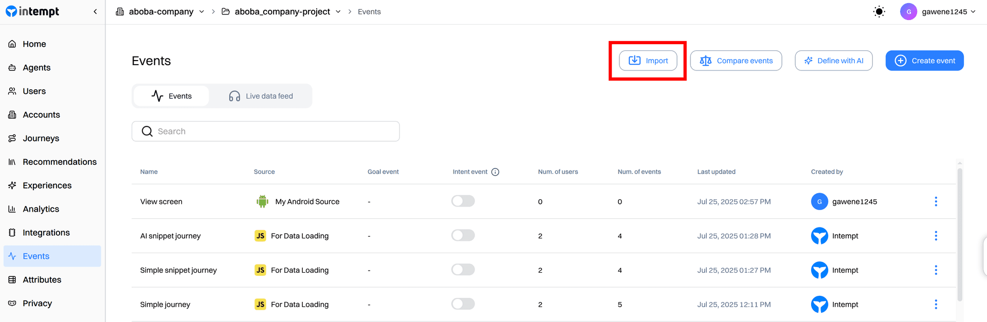 events list import button project - data import - Intempt documentation