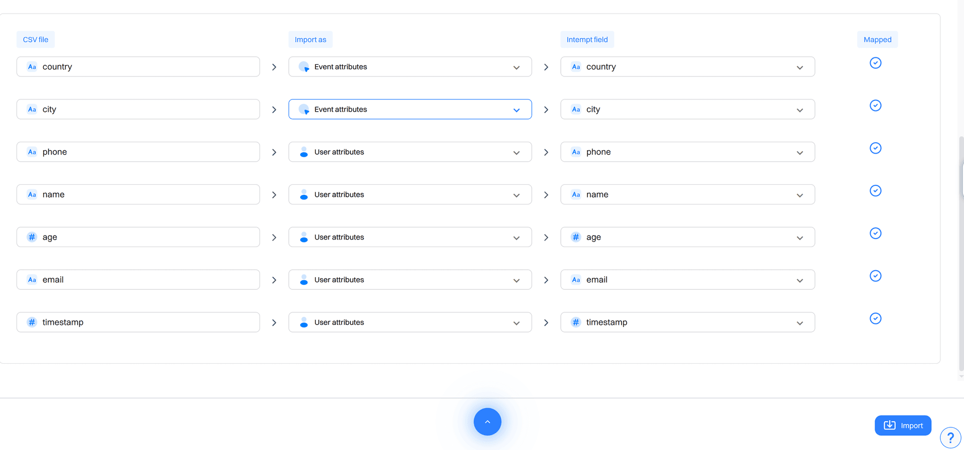 import map columns event and user attributes - data import - Intempt documentation