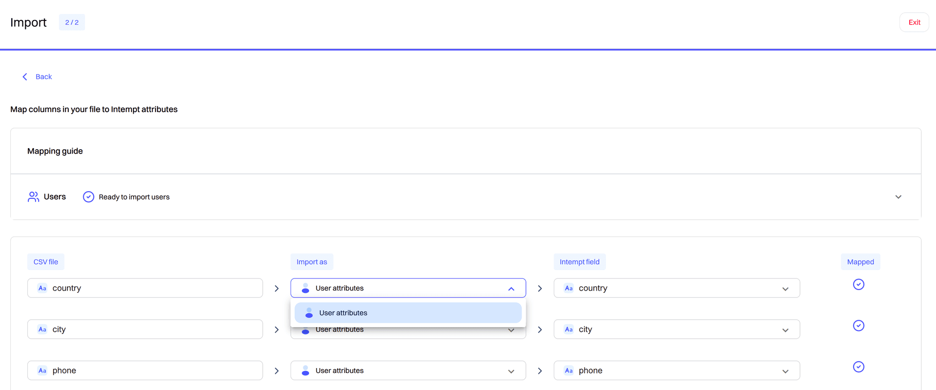 import map columns user attributes dropdown - data import - Intempt documentation