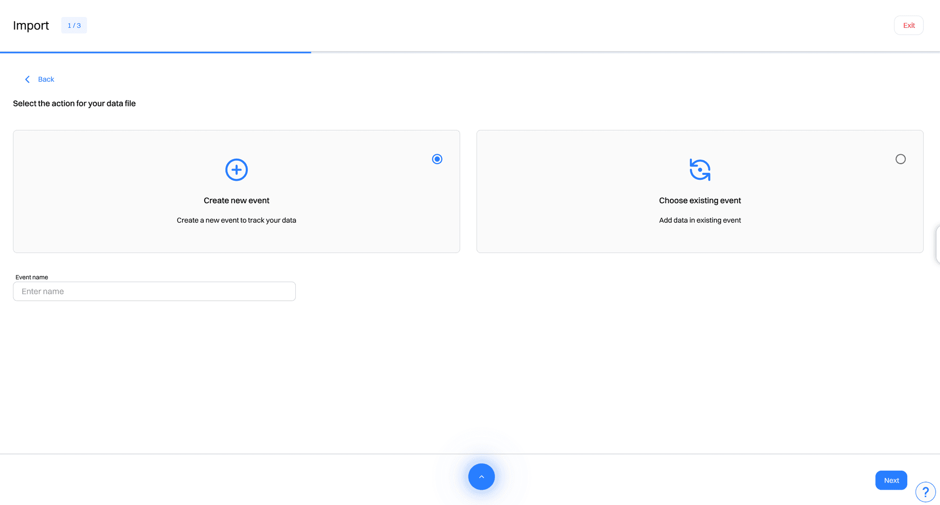 import select action event name - data import - Intempt documentation