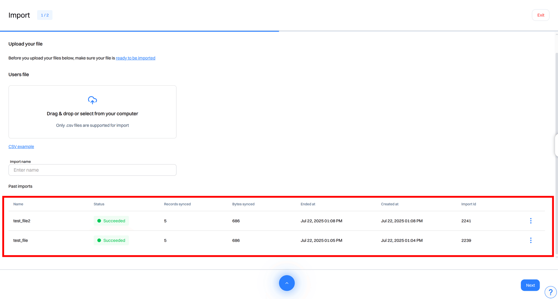 import upload file past imports list - data import - Intempt documentation