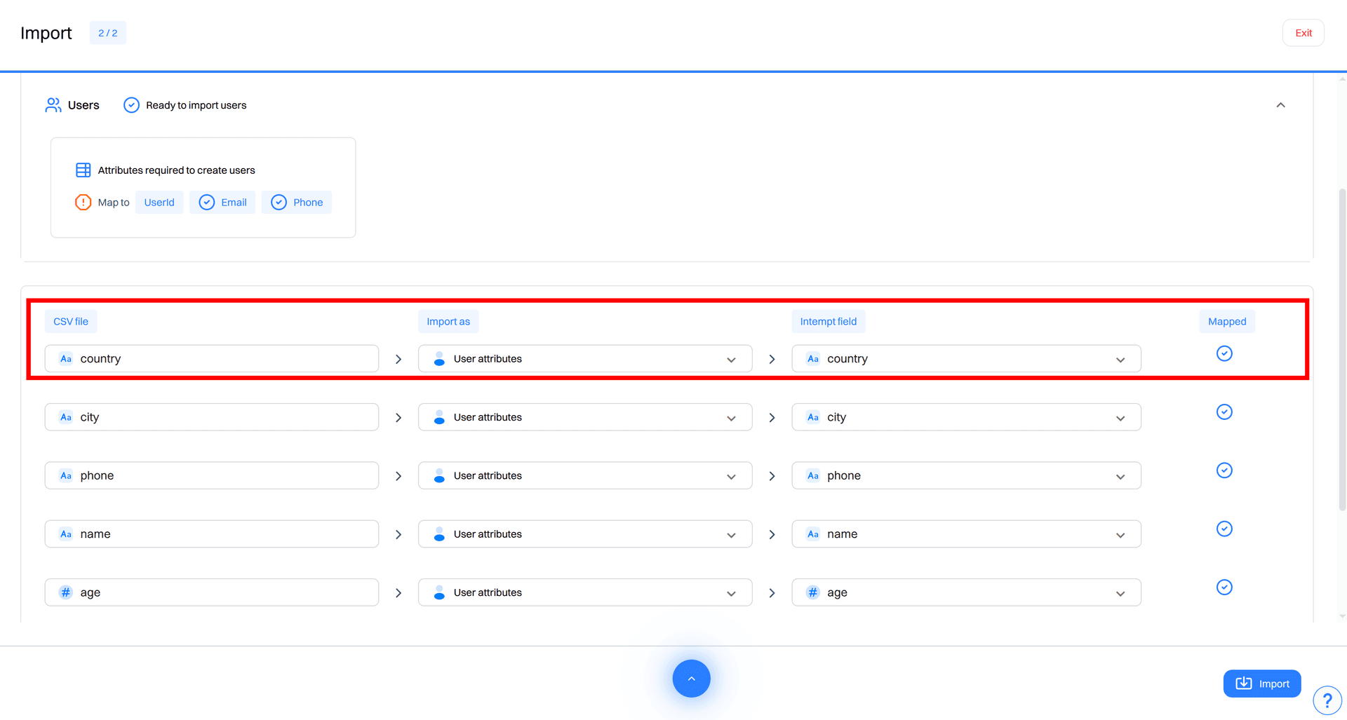 import users column mapping rows - data import - Intempt documentation
