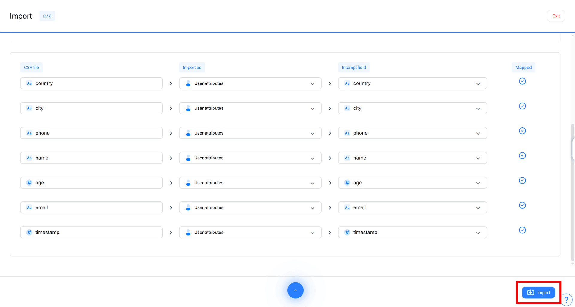 import users mapping complete import button - data import - Intempt documentation