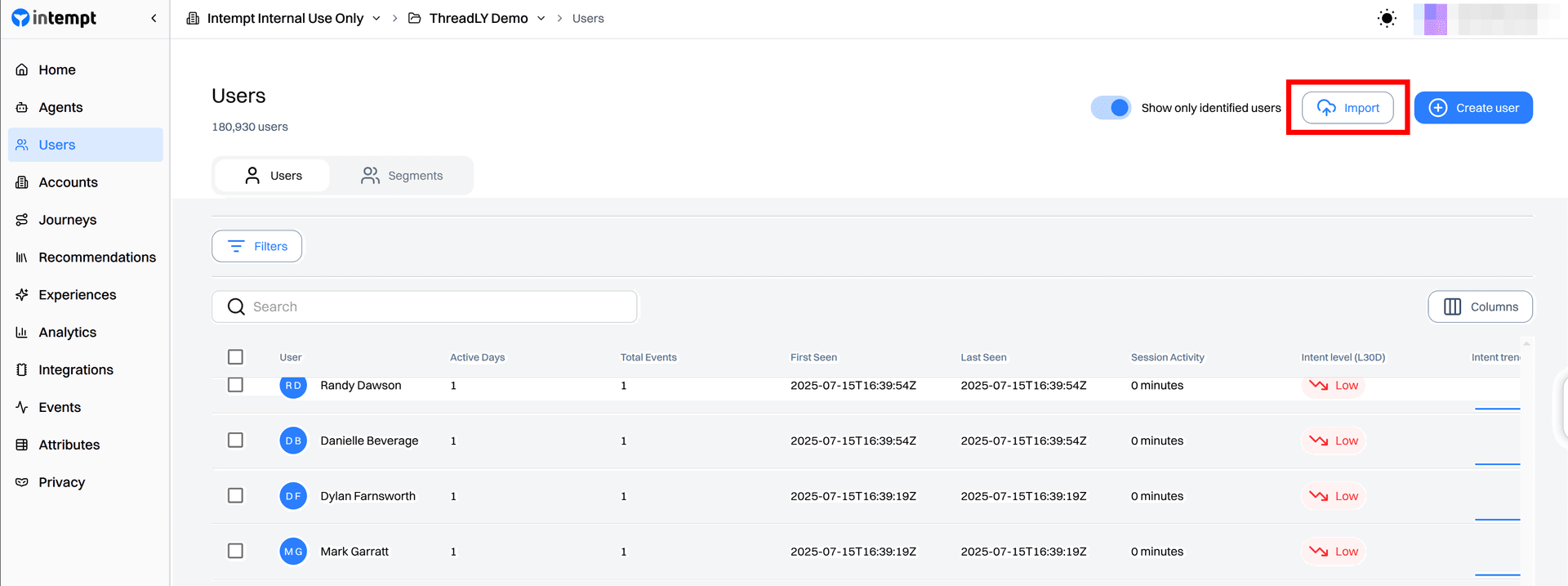 users list import button - data import - Intempt documentation