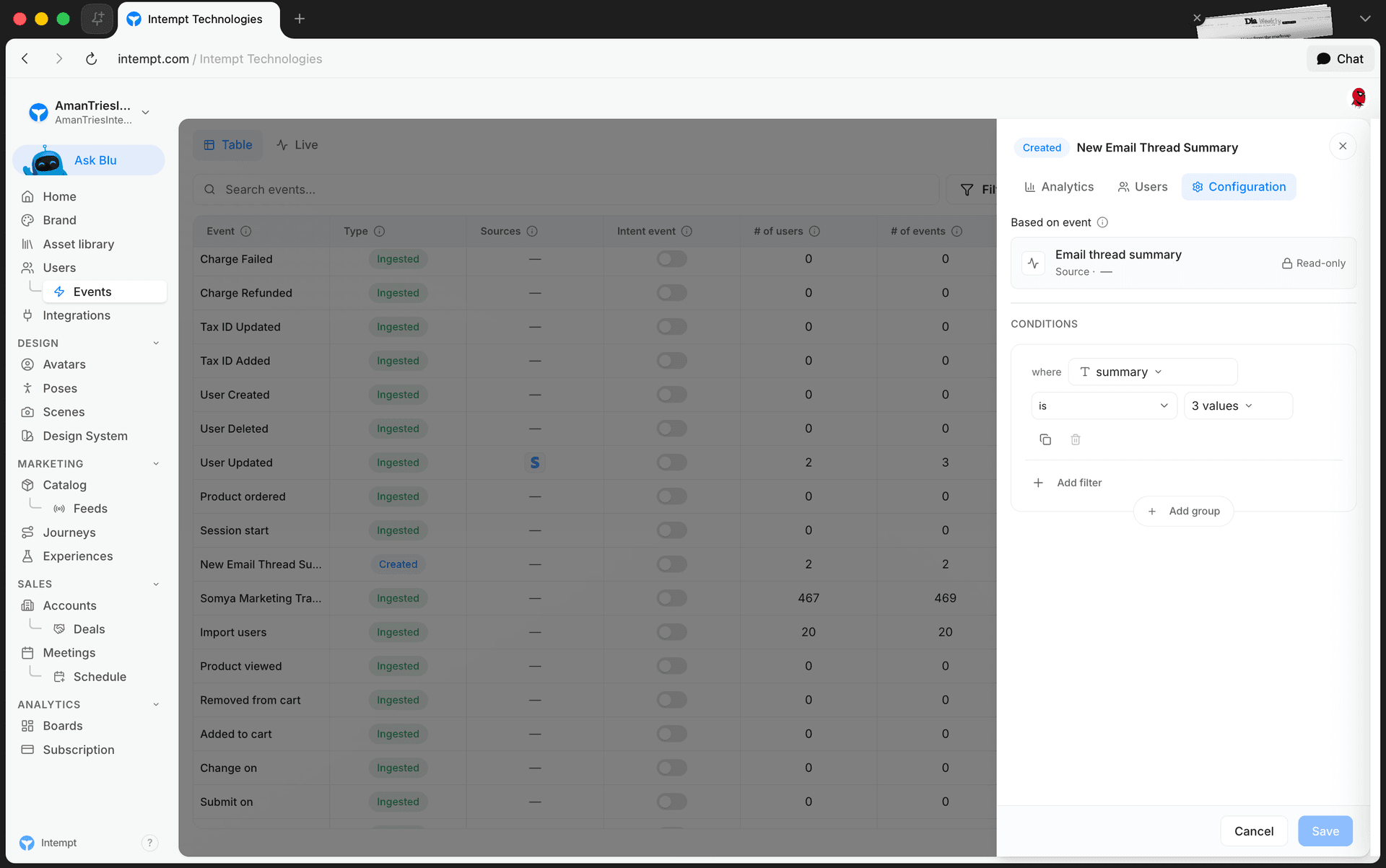 event detail configuration tab filter conditions - event editor guide - Intempt documentation