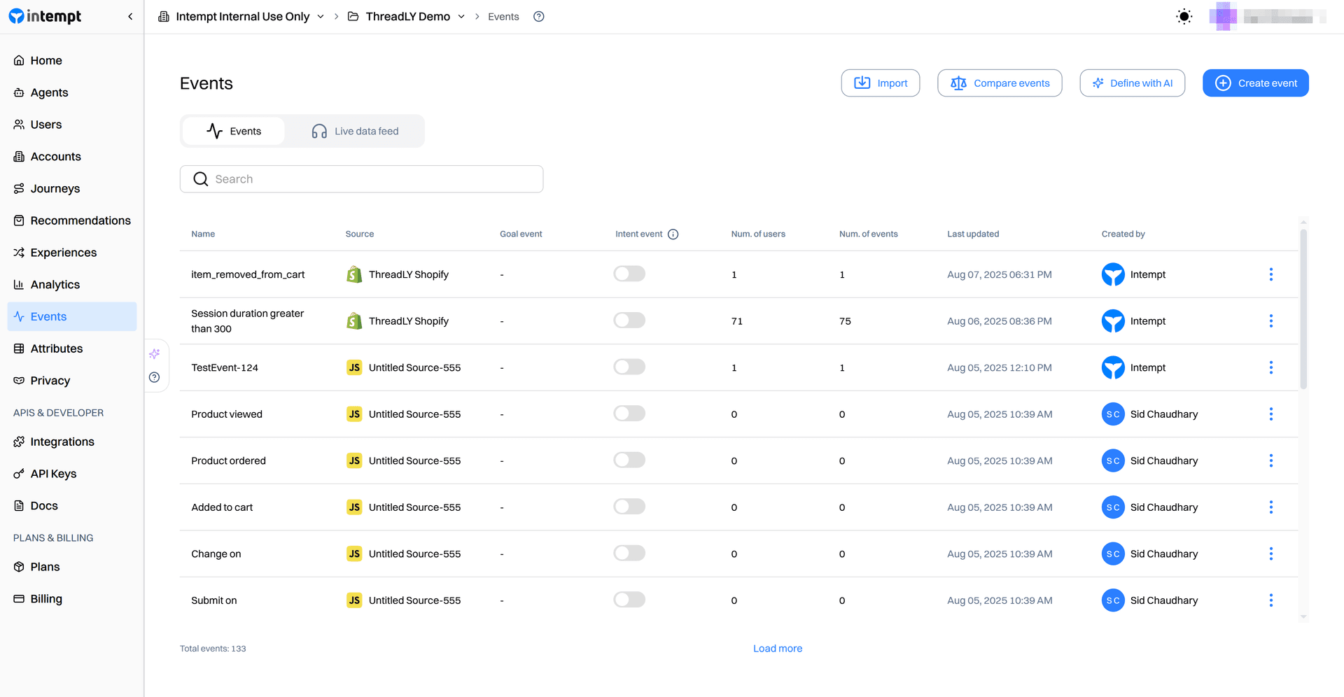 events list all events table - event types - Intempt documentation