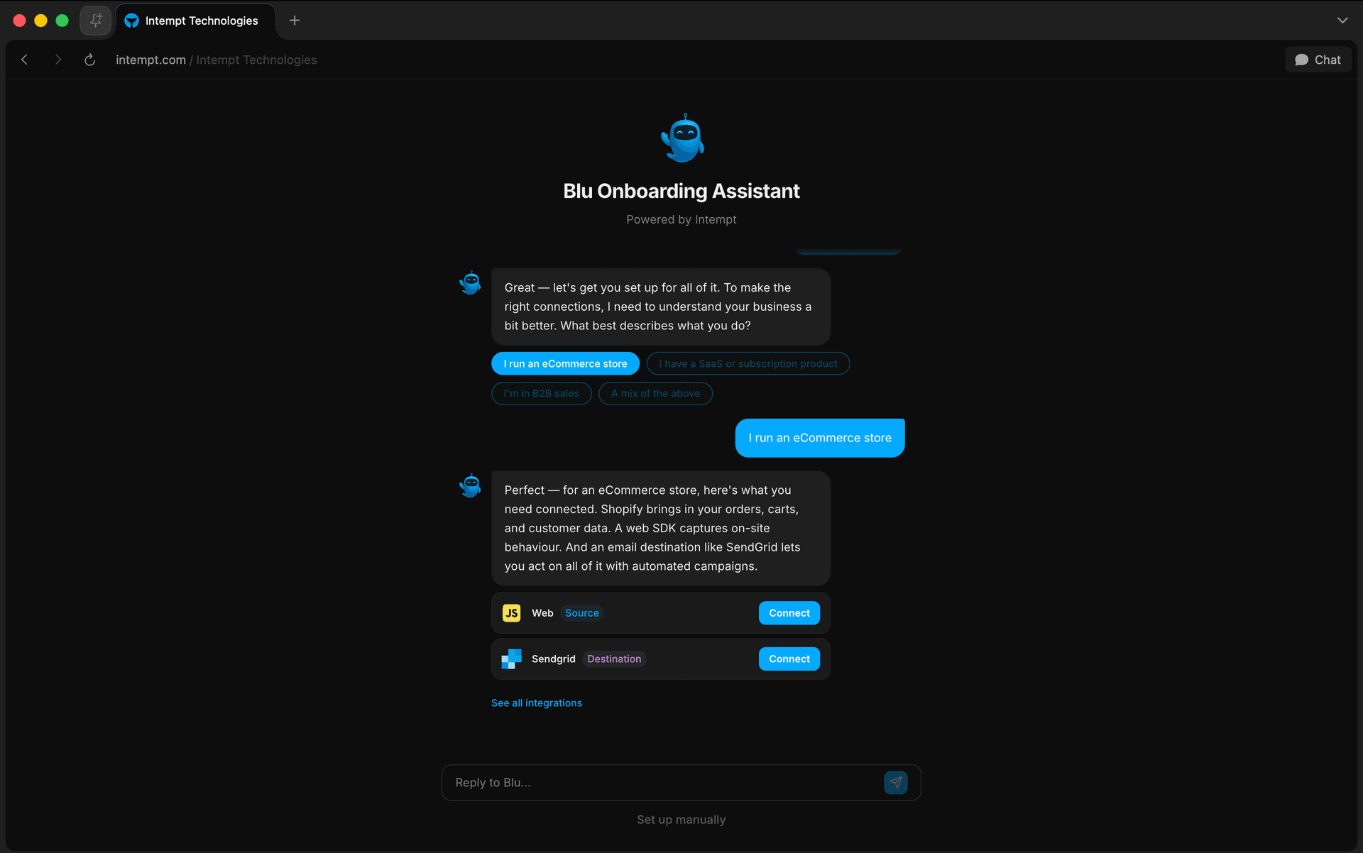 blu chat company profile suggested connections - getting started checklist - Intempt documentation