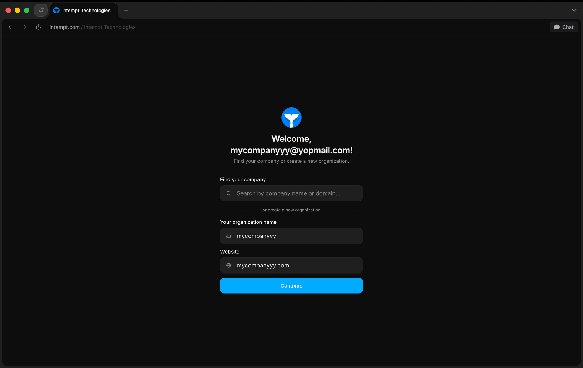 signup organization creation company search org form - getting started checklist - Intempt documentation