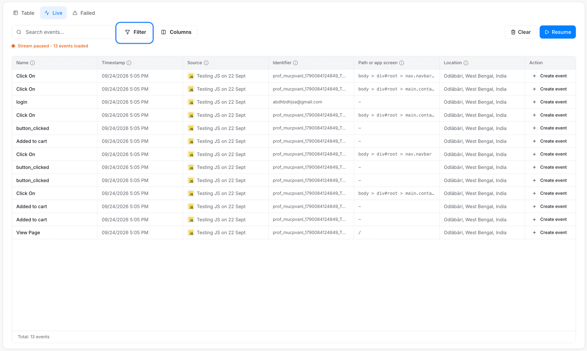 live data feed filters button 24 sept 2026 - live data feed - Intempt documentation