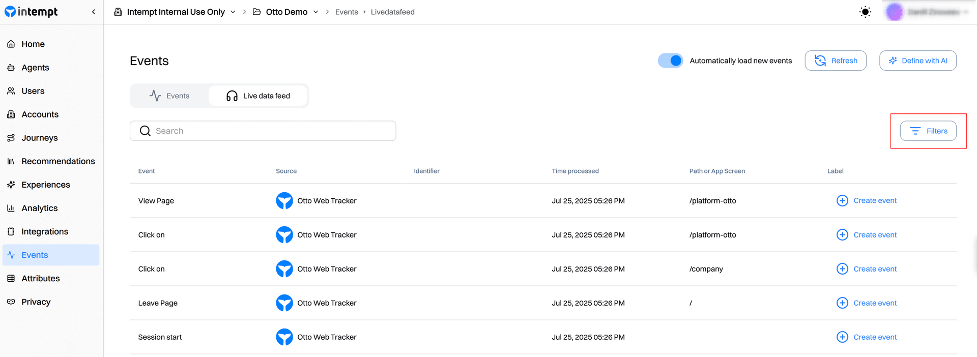 live data feed filters button - live data feed - Intempt documentation