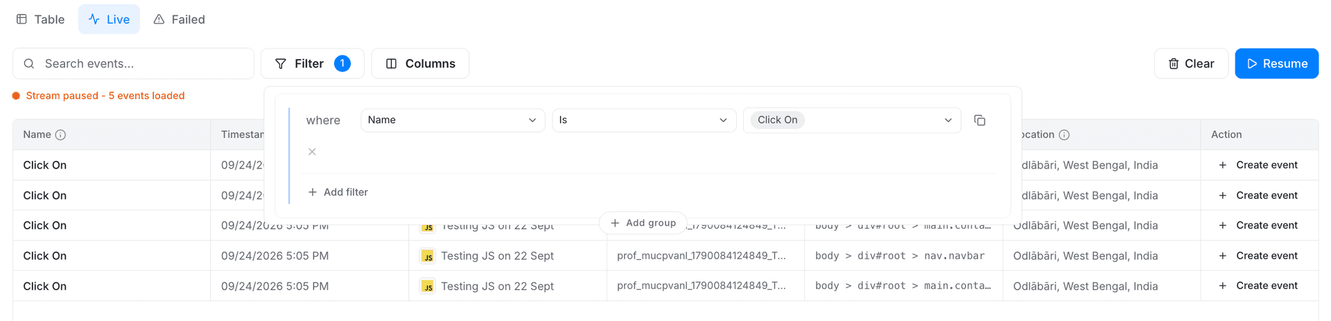 live data feed filters panel path contains 24 sept 2026 - live data feed - Intempt documentation