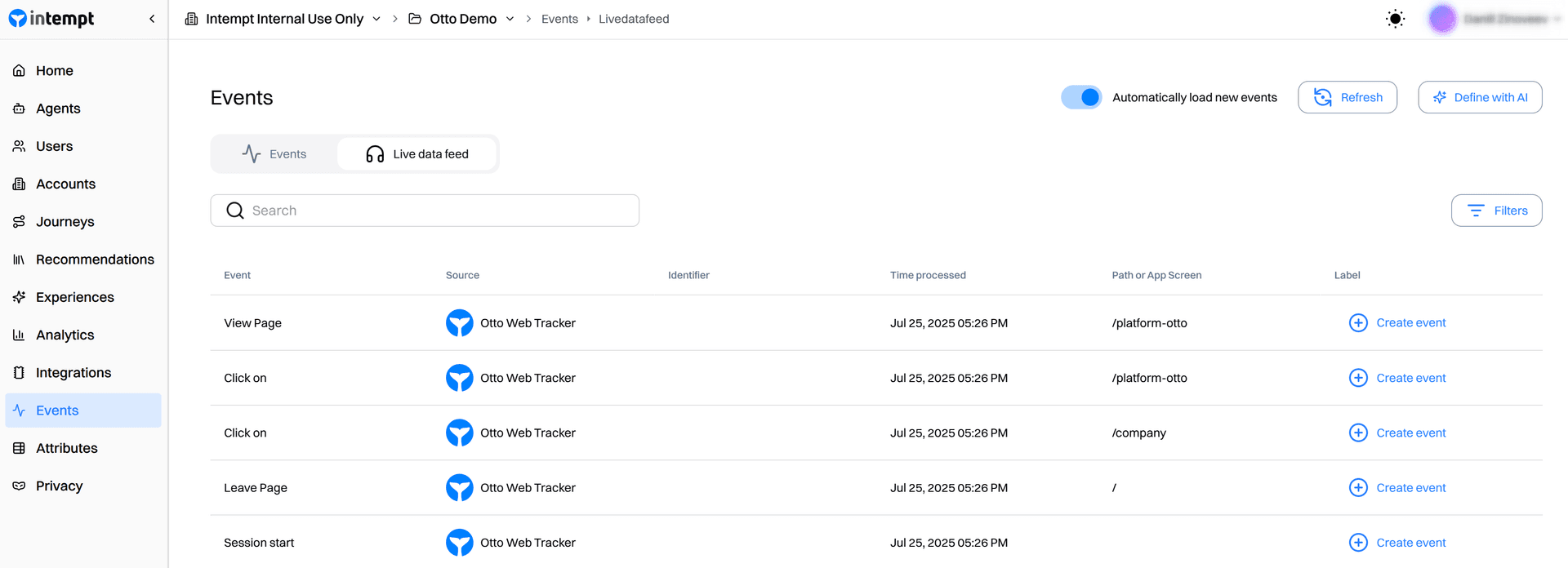 live data feed raw events list - live data feed - Intempt documentation