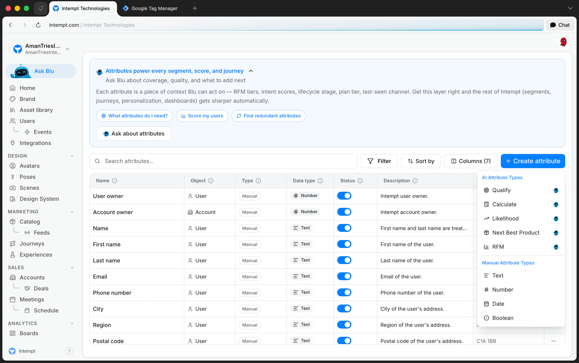 create attribute dropdown ai manual types - predictive attributes likelihood and next best product - Intempt documentation
