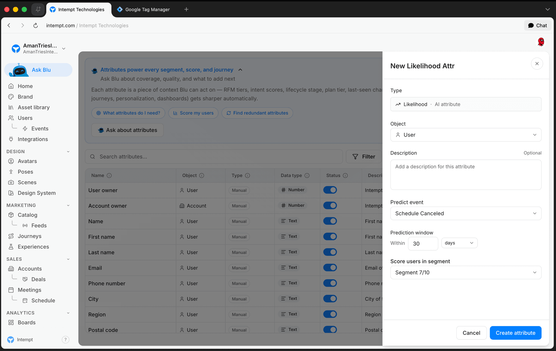 likelihood create panel fields filled - predictive attributes likelihood and next best product - Intempt documentation