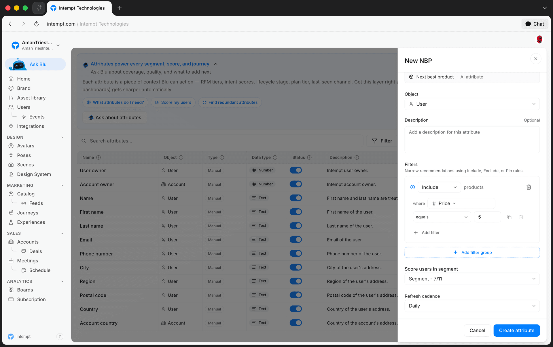 next best product create panel filters refresh cadence - predictive attributes likelihood and next best product - Intempt documentation