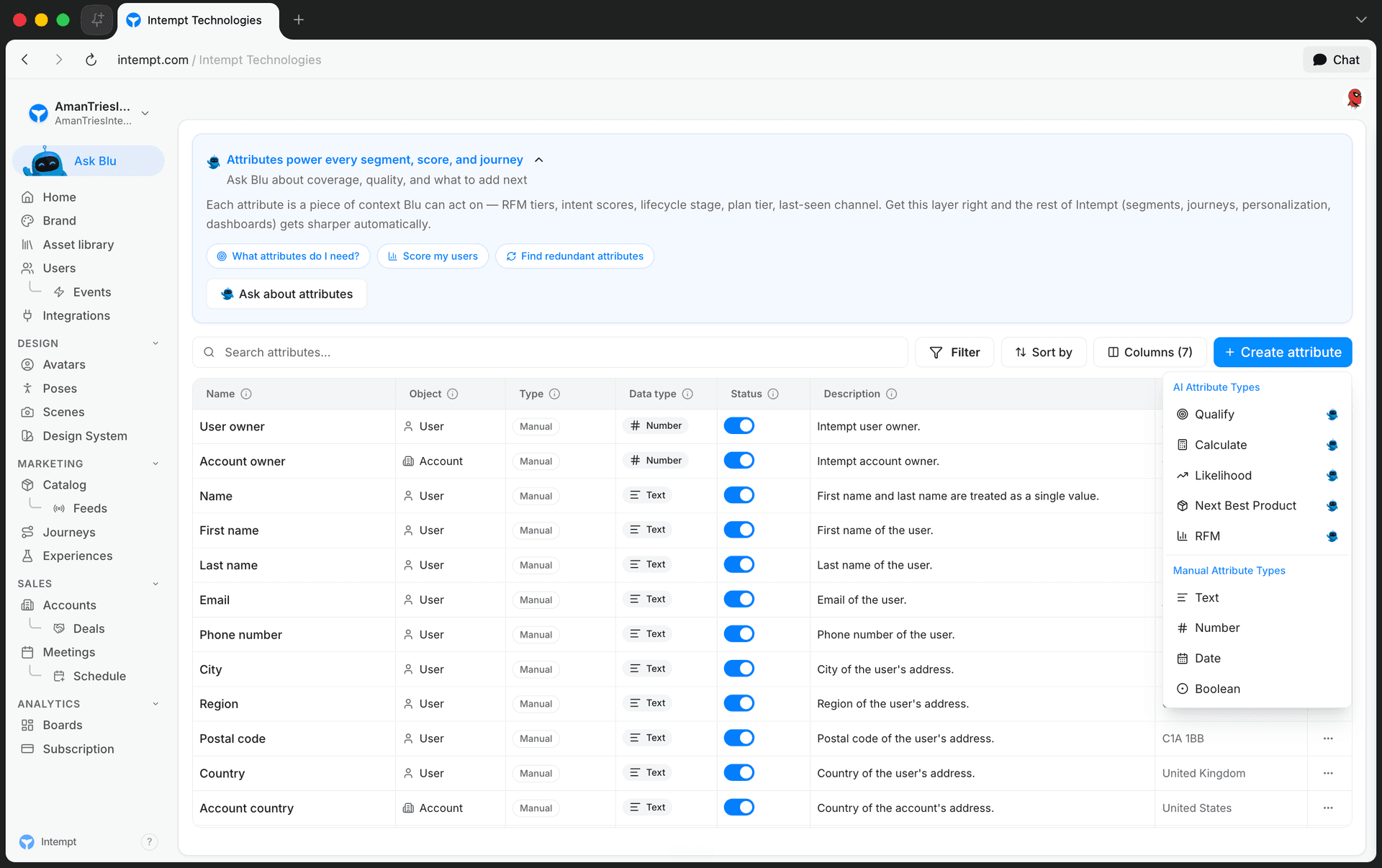 create attribute dropdown rfm ai attribute types - rfm scoring and scored audiences - Intempt documentation
