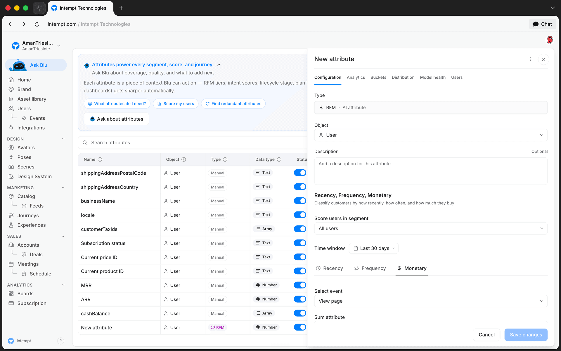 existing rfm attribute configuration tab save cancel - rfm scoring and scored audiences - Intempt documentation