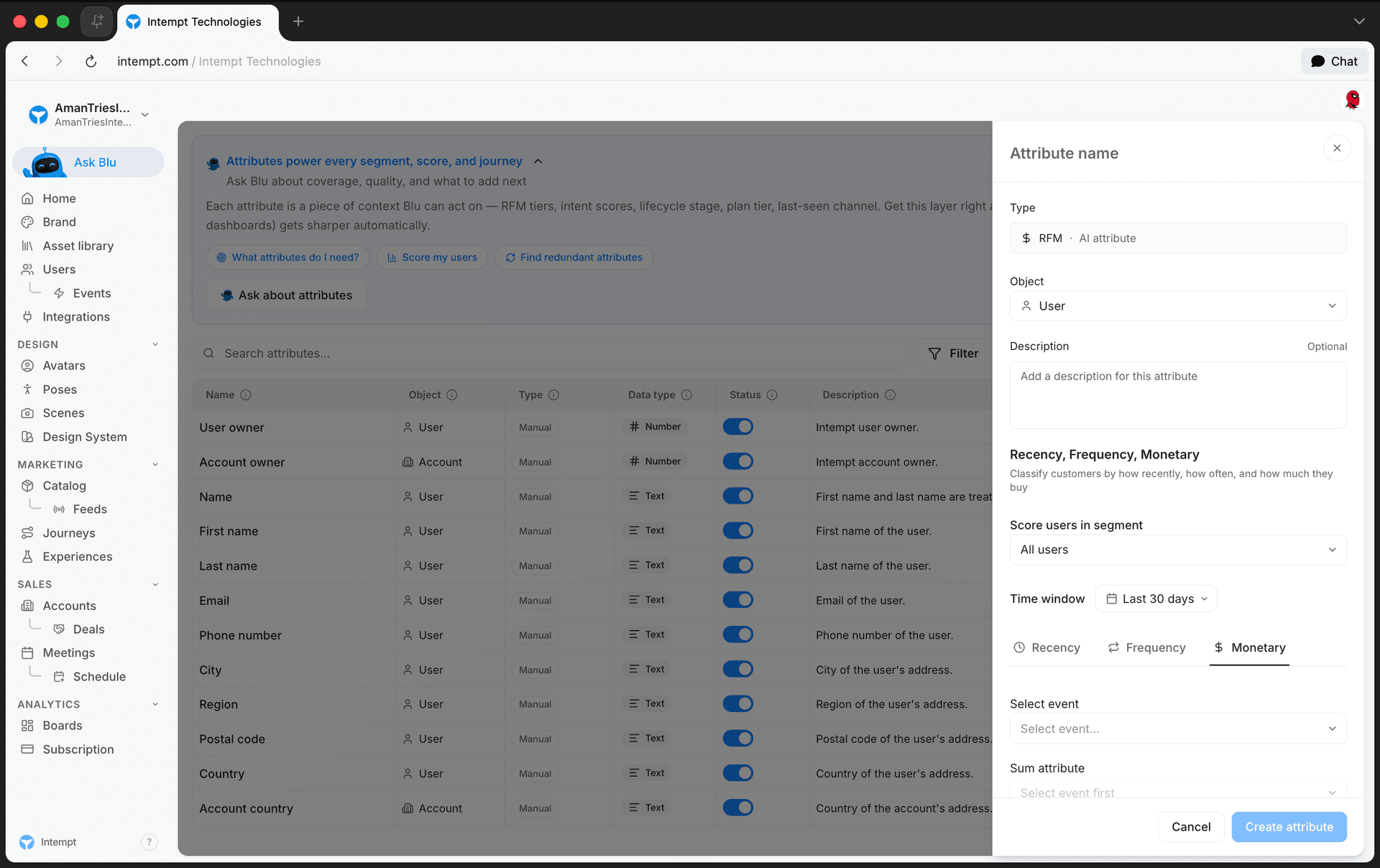 rfm create panel object description score time window tabs - rfm scoring and scored audiences - Intempt documentation