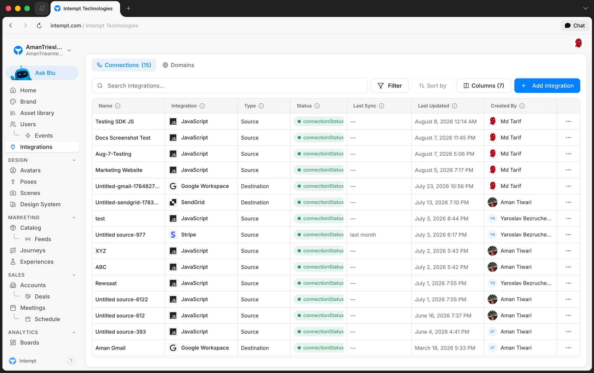 integrations connections tab table add integration - sources - Intempt documentation