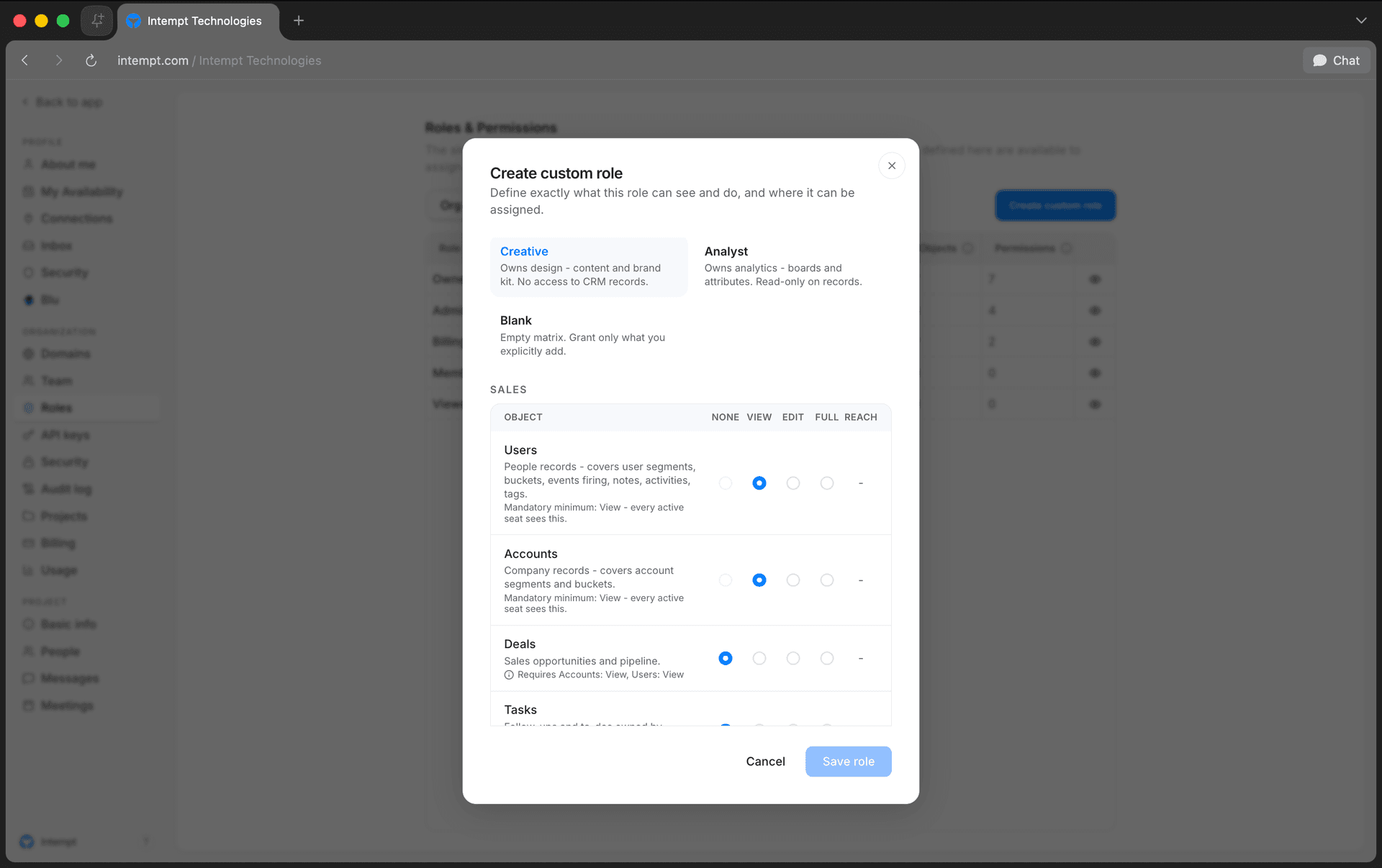 create custom role sidebar permission matrix preset row - user roles permissions - Intempt documentation