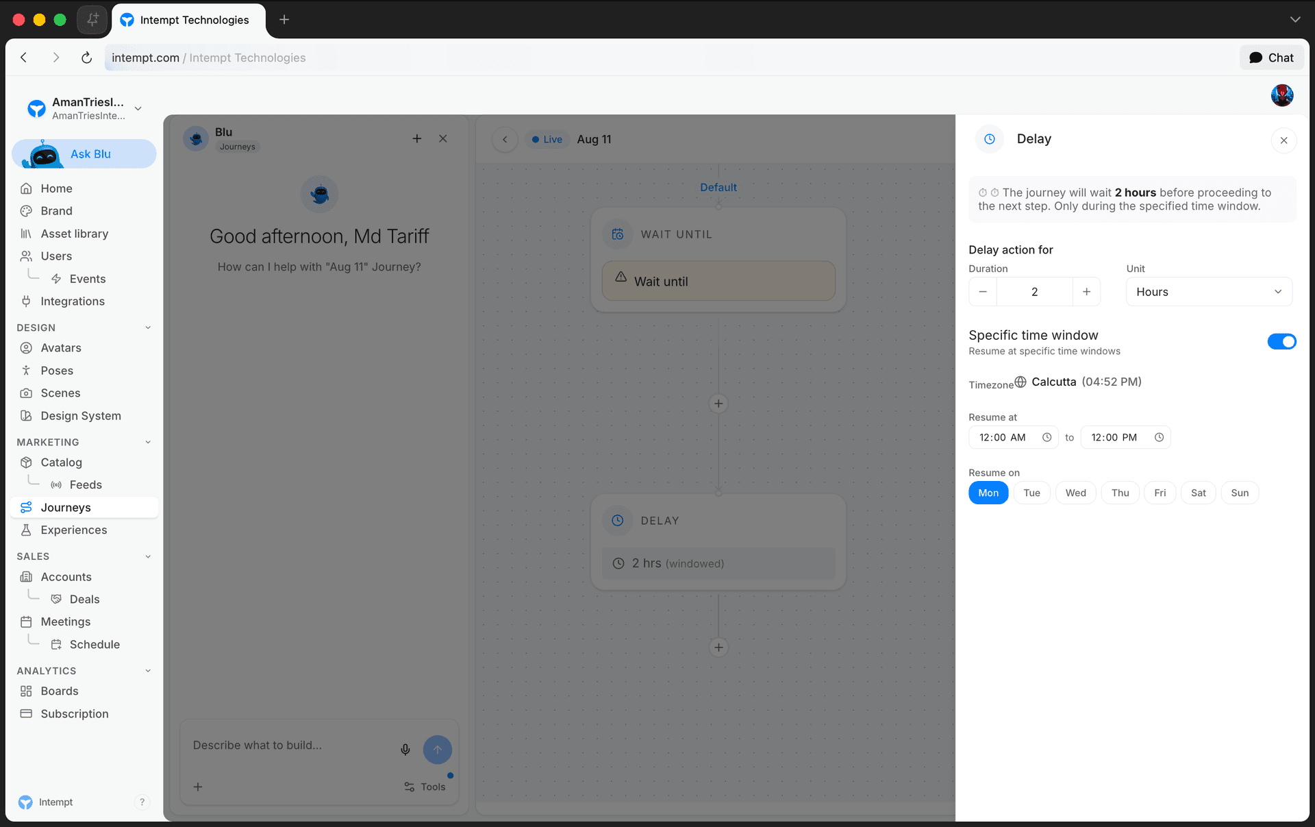 delay config panel time window timezone resume - journey blocks - Intempt documentation