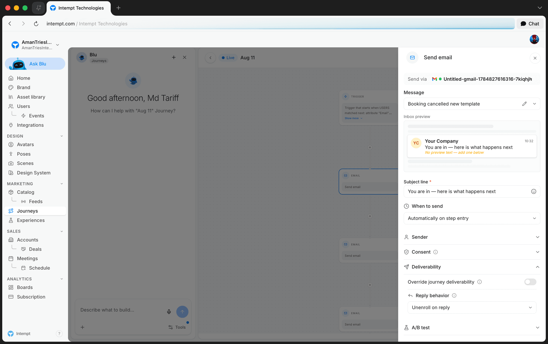 gmail action configuration panel reply behavior - journey blocks - Intempt documentation