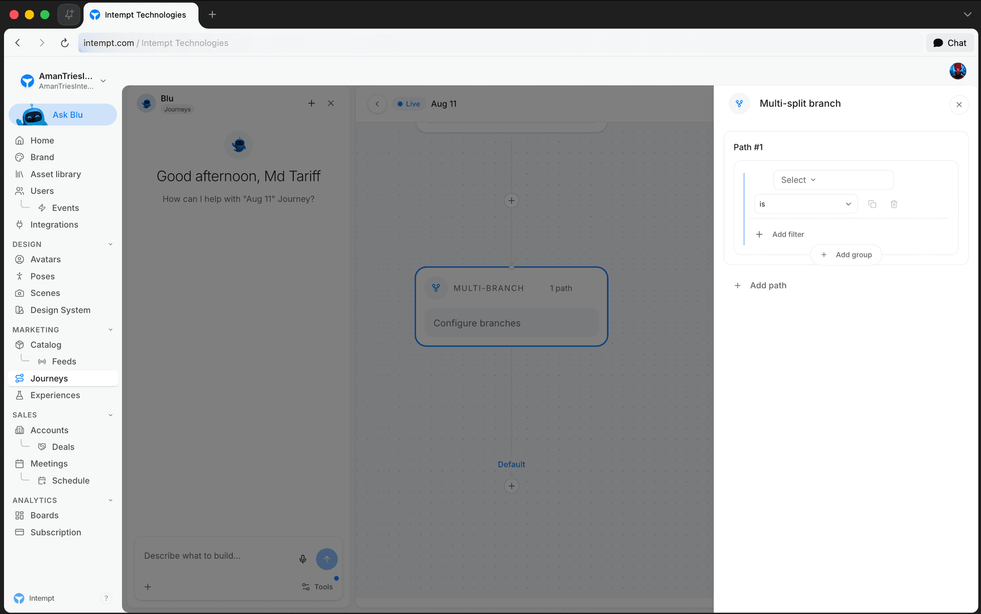 multi split branch config panel condition logic builder - journey blocks - Intempt documentation