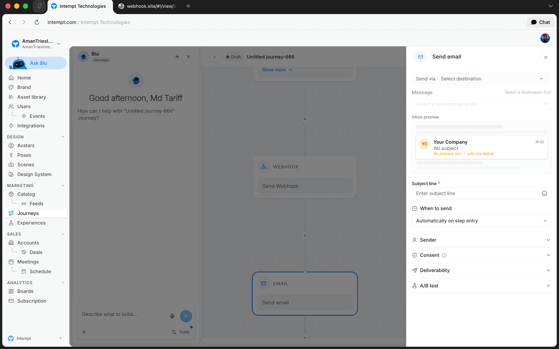 send email config panel overview - journey blocks - Intempt documentation