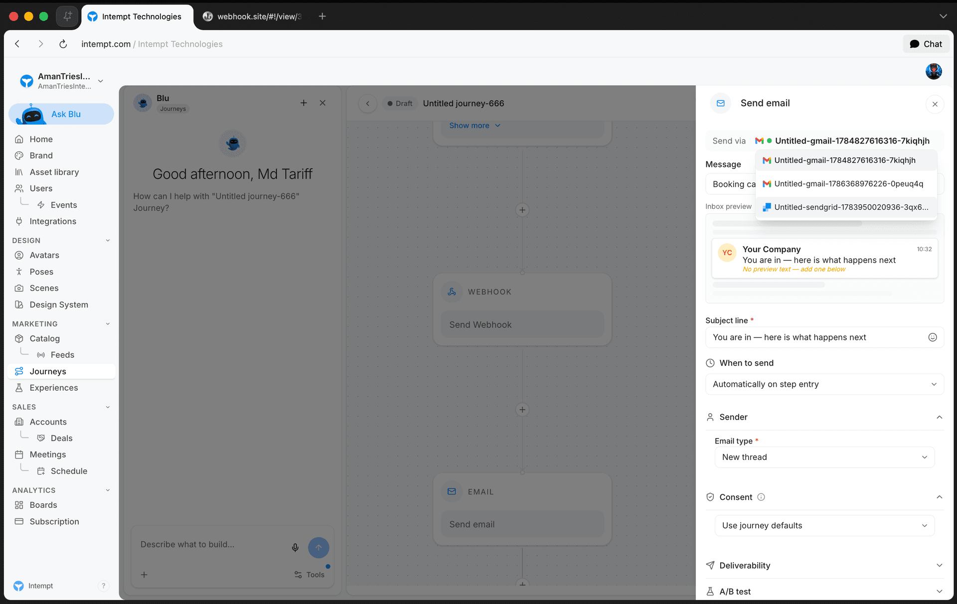 send email destination dropdown open - journey blocks - Intempt documentation