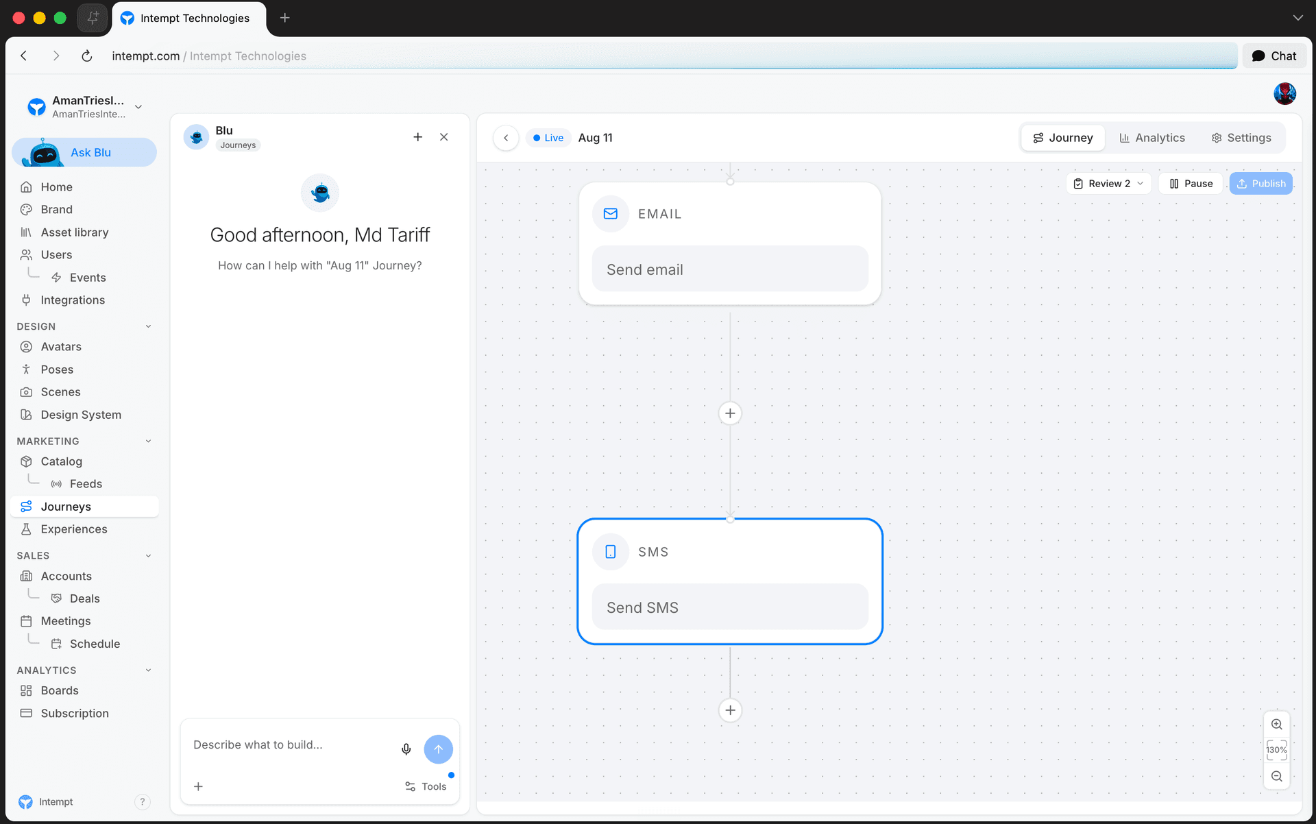 send sms action block canvas - journey blocks - Intempt documentation