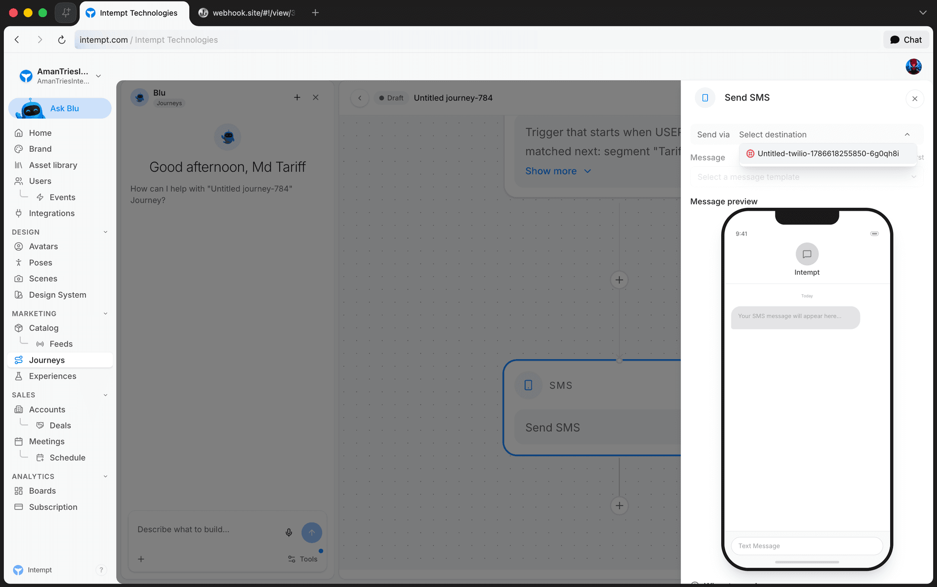 send sms destination dropdown open - journey blocks - Intempt documentation