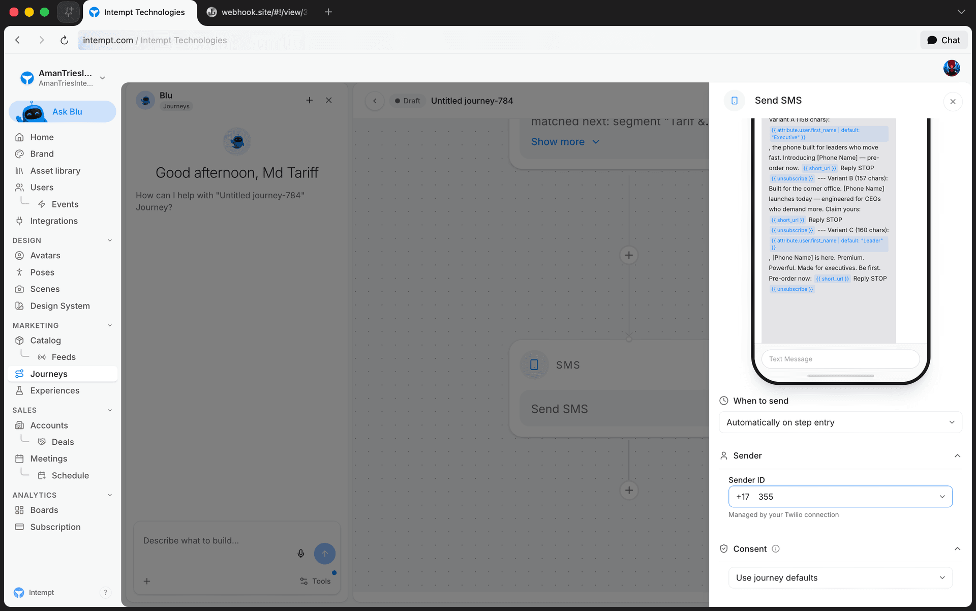 send sms sender consent expanded - journey blocks - Intempt documentation