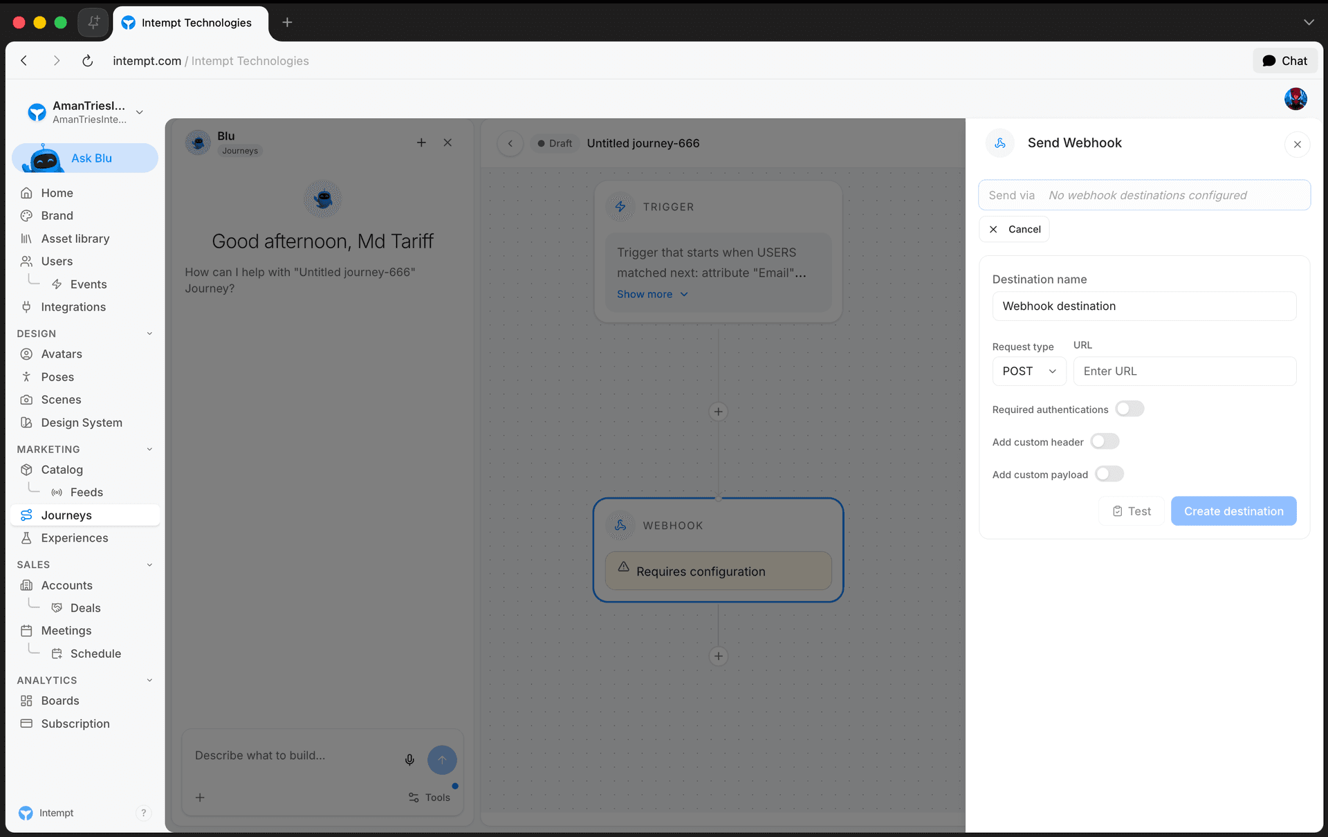 send webhook config panel create new form - journey blocks - Intempt documentation