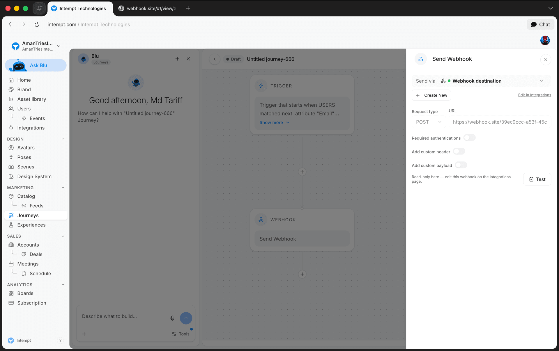 send webhook saved destination - journey blocks - Intempt documentation