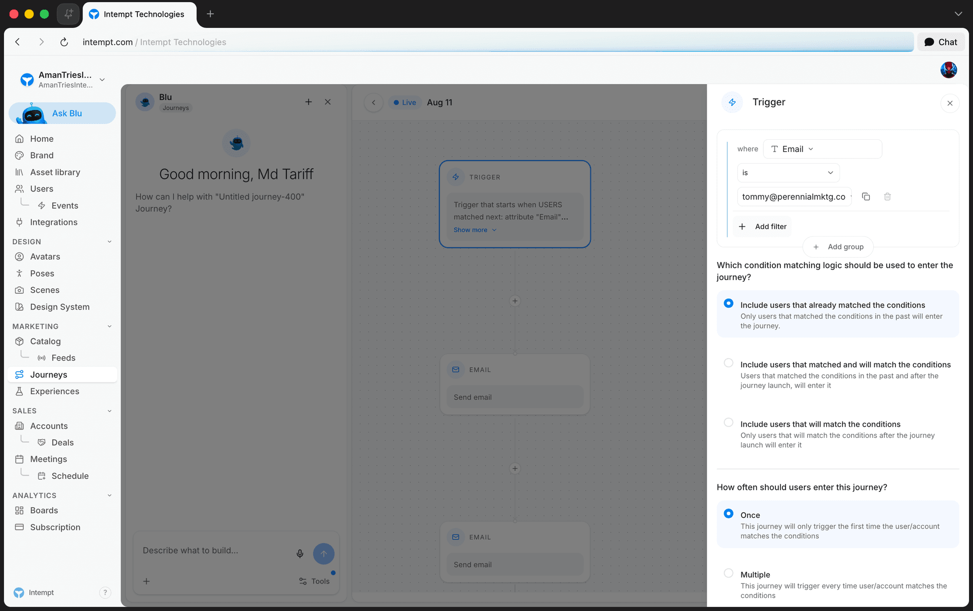 trigger panel entry filter builder - journey blocks - Intempt documentation