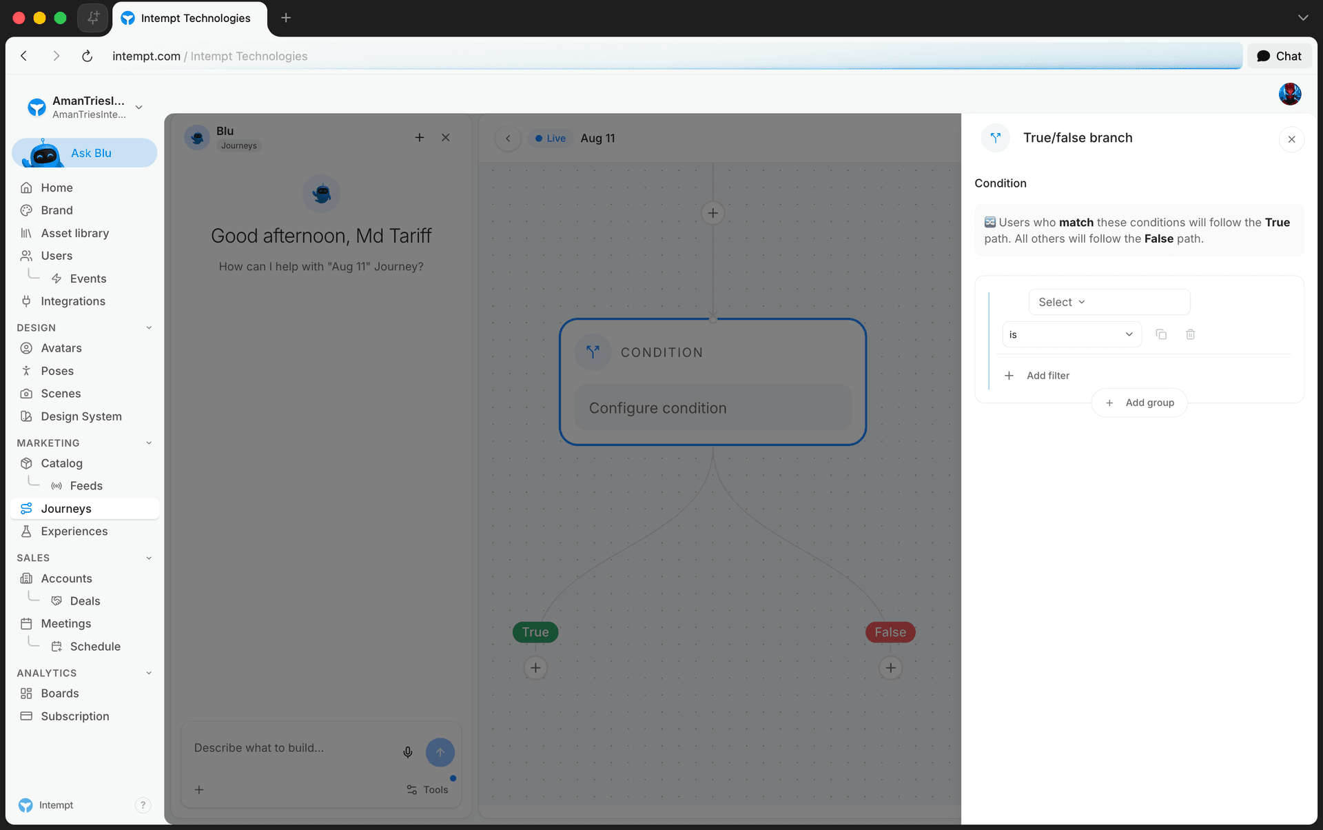 true false config panel condition logic builder - journey blocks - Intempt documentation